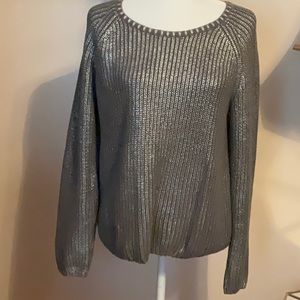 CHICO’S-LIKE NEW-BEAUTIFUL PEWTER LONG-SLEEVE COTTON SWEATER. Washable-Sz1=Sz 10